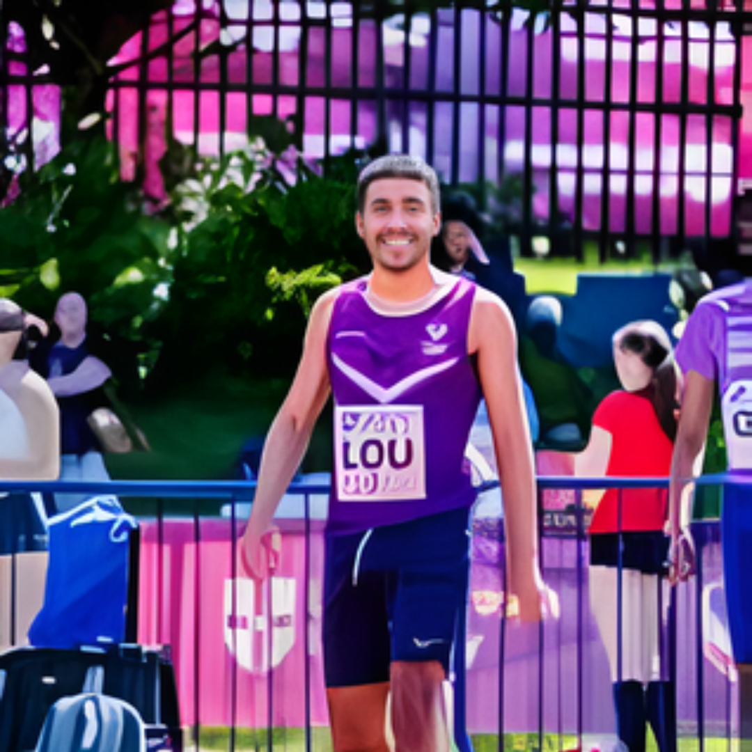 Ethan, sprinter, after race smiling.