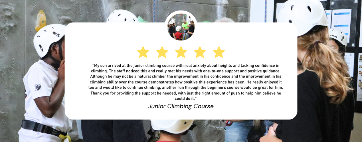 A 5-star review for a "Junior Climbing Course" with a positive testimonial, overlaid on a photo of children in helmets at a climbing gym.