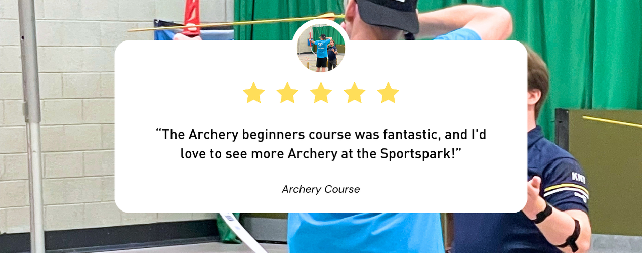 A 5-star review for an archery course with a positive quote, displayed over a background photo of an archer aiming their bow.