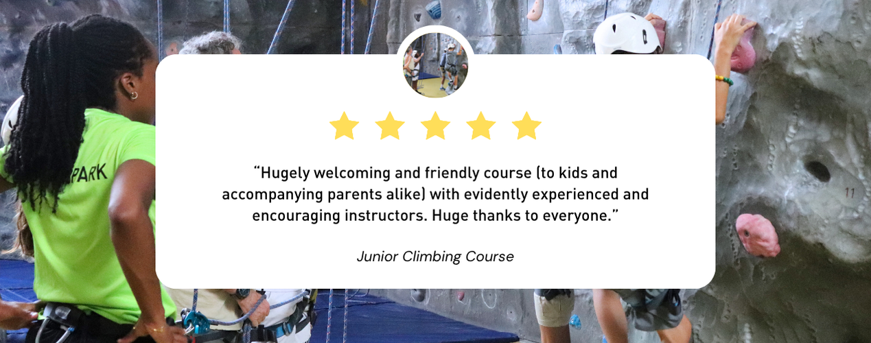 A 5-star review for a Junior Climbing Course, set against a background photo of kids and instructors at an indoor rock climbing wall.