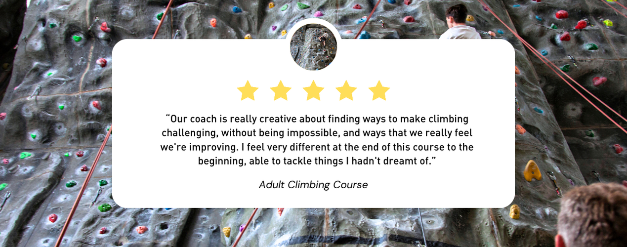 A five-star review for an Adult Climbing Course, overlaid on a photo of an indoor climbing wall with climbers.