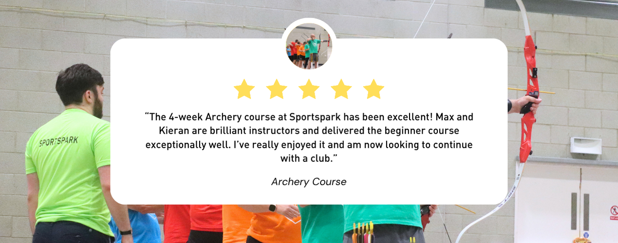 A 5-star review for an archery course, shown over a background photo of an instructor and a person aiming a red bow in a sports hall.