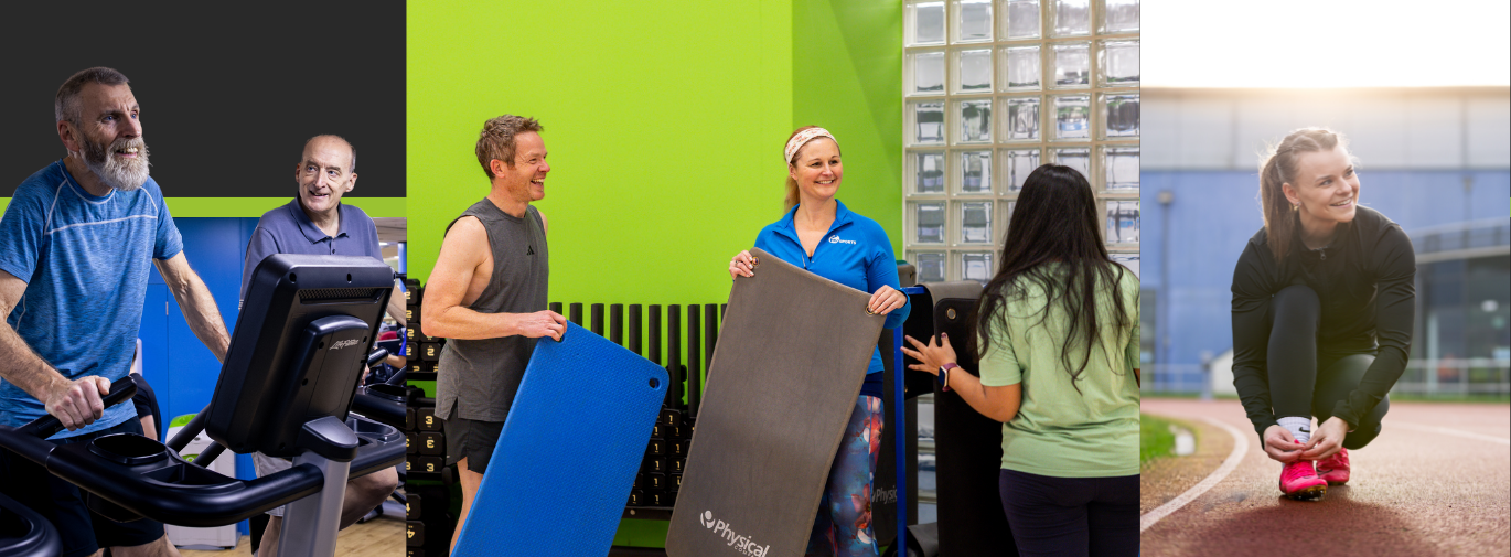 Collage of Sportspark track, dance studio and gym with smiling members.