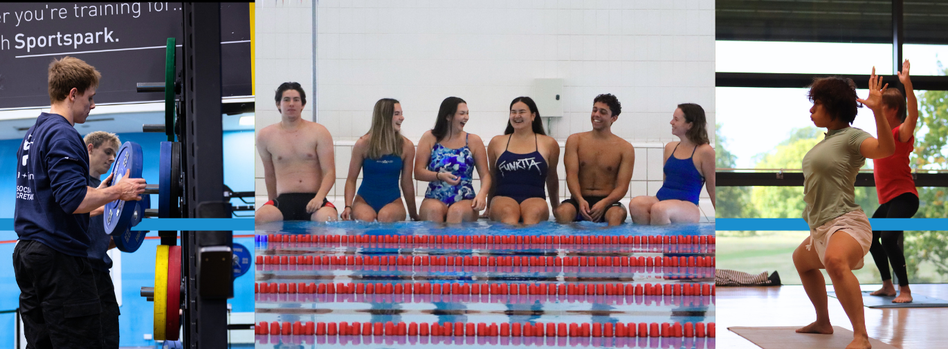 A collage showing men weightlifting in a gym, a group of people laughing by a swimming pool, and two women doing a yoga class.