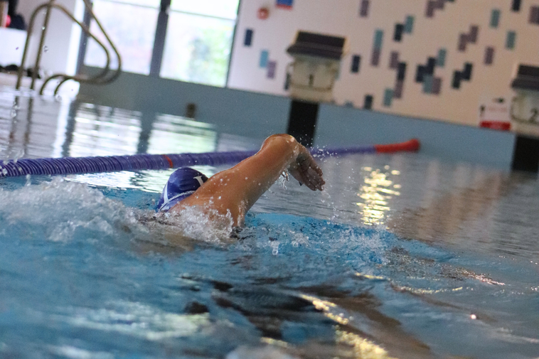 Man swimming front crawl in indoor swimming pool away from camera.