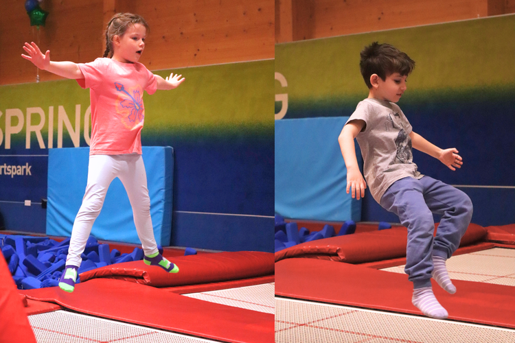 Photo of a young girl doing a star jump of an indoor trampoline, and photo of young boy doing a sit drop on the trampoline.