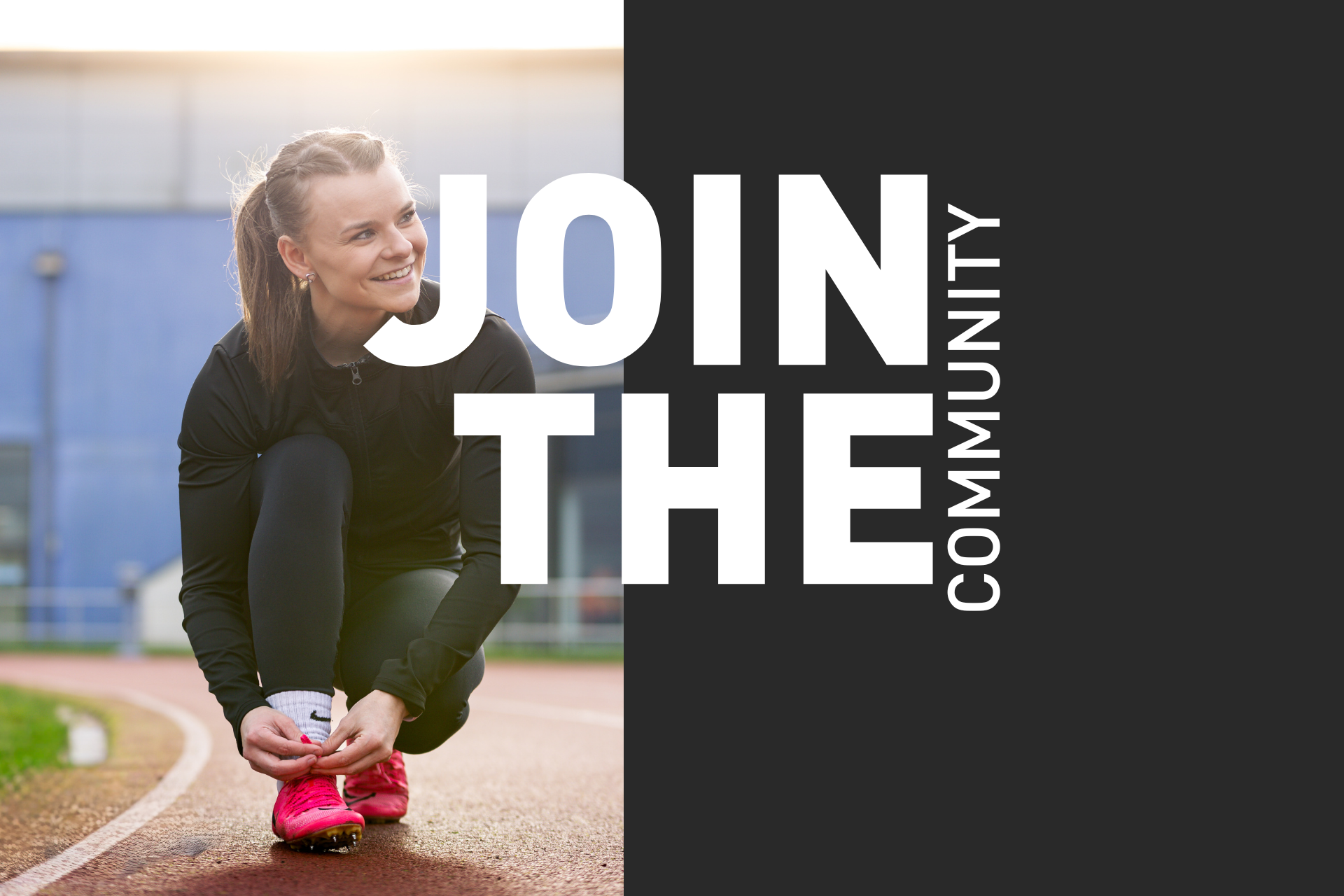 Join the community artwork featuring girl tying running spike shoes while smiling.