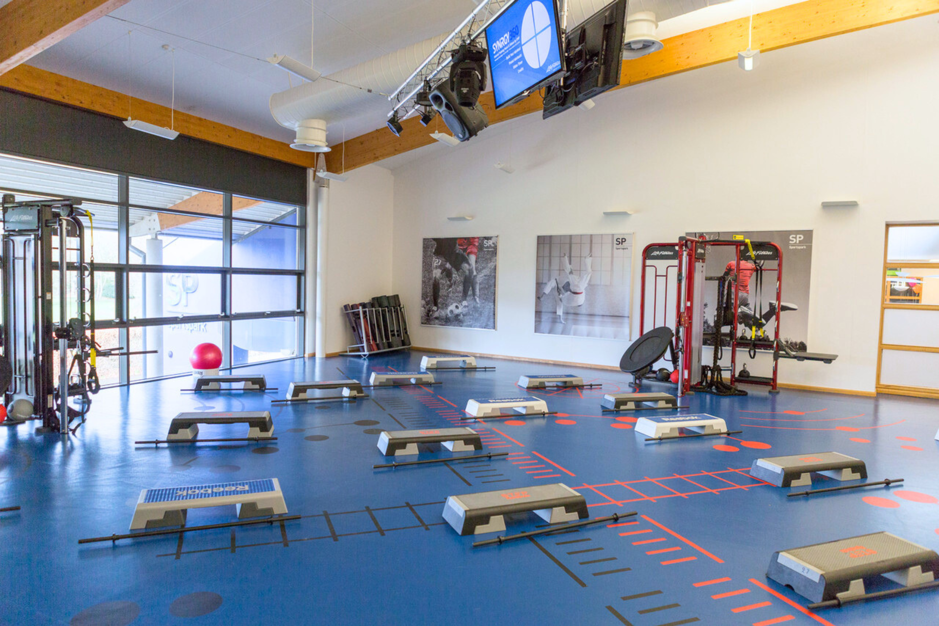 Functional studio with aerobics steps.