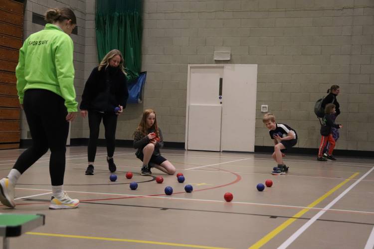 family playing boccia in sports hall