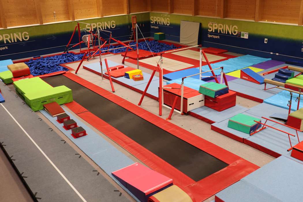 Gymnastics centre from above view displaying all equipment.