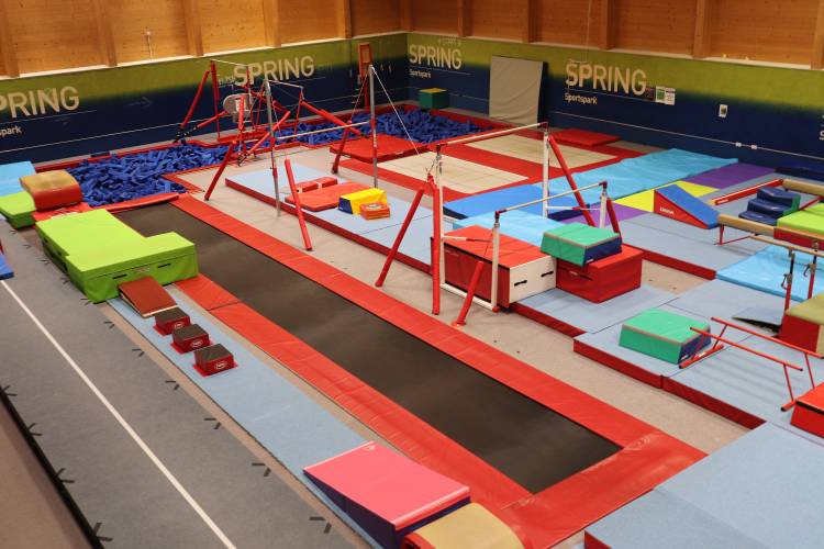 Gymnastics centre from above view displaying all equipment.